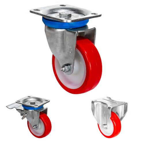 Zinc Plated Casters White nylon center Red polyurethane tire 441-1323 lb 200-600 kg -Indoors & Outdoors