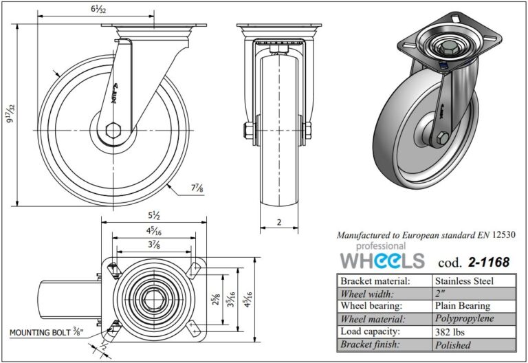 Swivel Stainless Steel Casters White Polypropylene wheel Professional